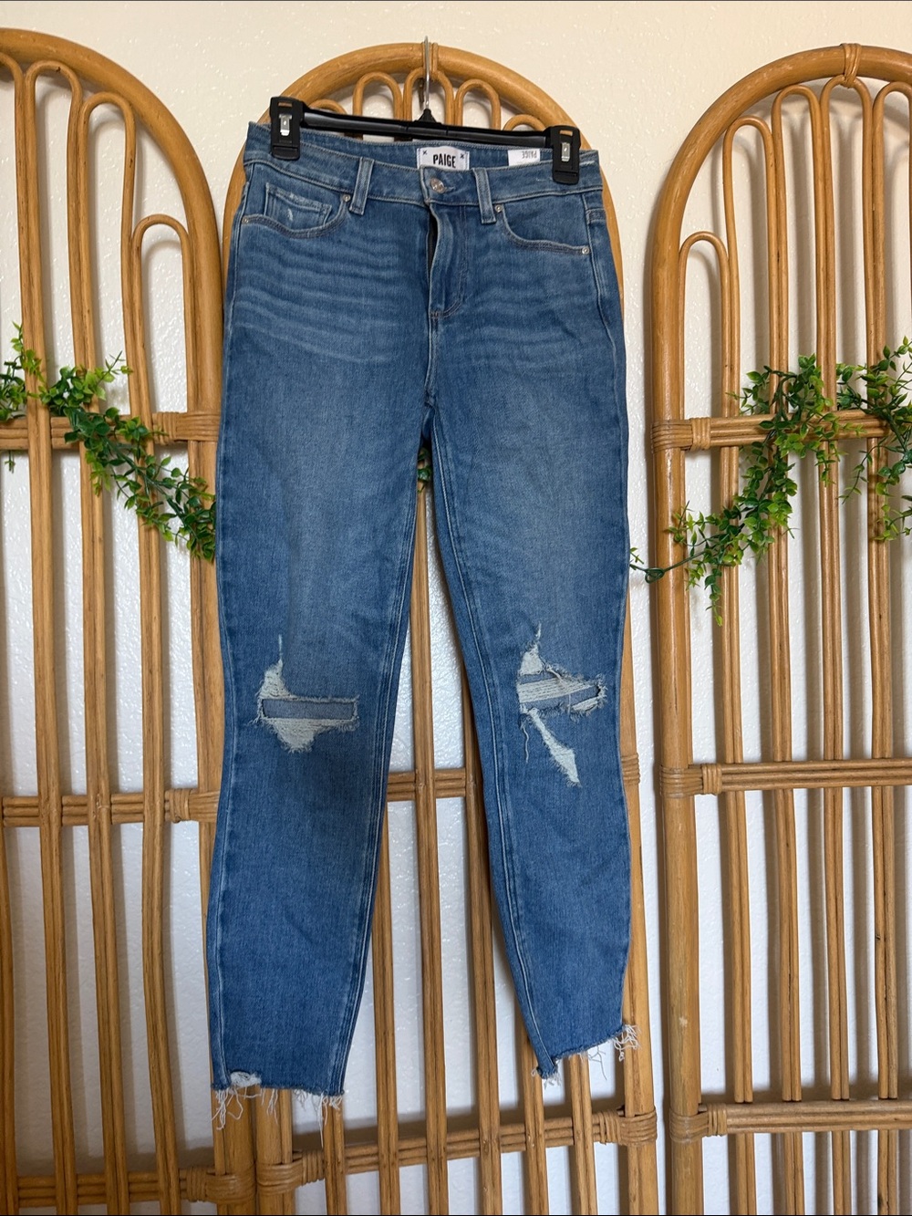 PAIGE Medium Blue Distressed Ankle Crop Jeans